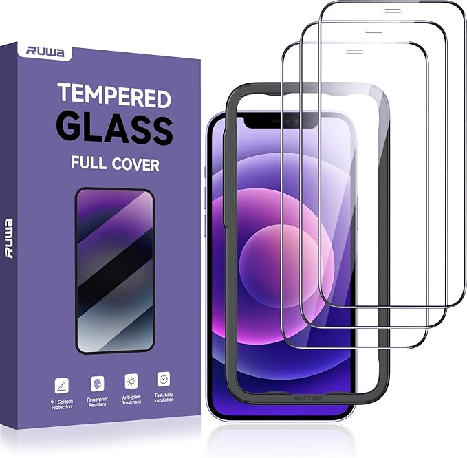 ruwa Screen Protector for iPhone 12/12 Pro [6.1 Inch] [3-Pack] Tempered Glass Film with Easy Installation Frame, Ultra HD, 9H Hardness, Scratch Resistant, Full Coverage, Case Friendly