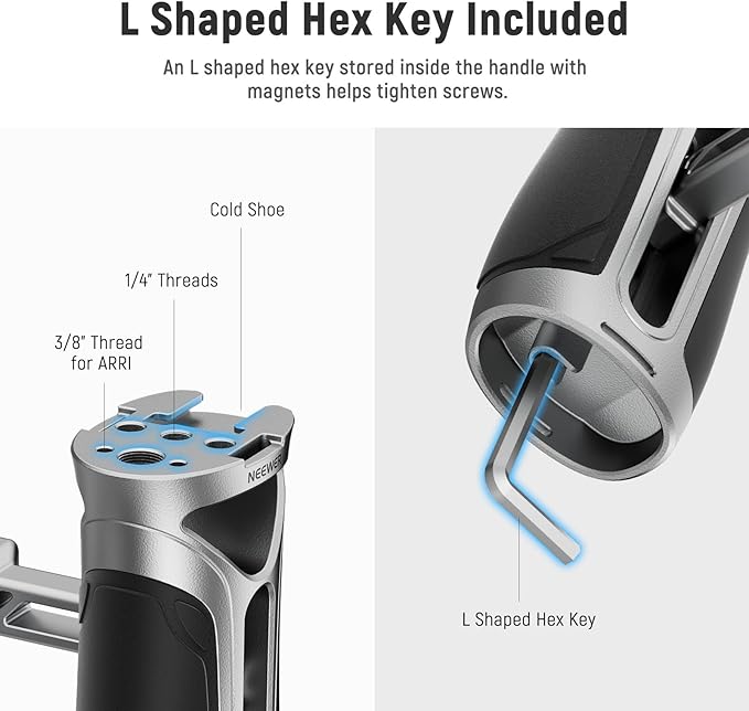 NEEWER Side Handle with NATO Clamp, Aluminum Alloy Quick Release Side Handgrip with 1/4" & 3/8" Threads, Cold Shoe, 2"/5cm Vertical Adjustment, Compatible with SmallRig Camera Cage, Silver, CA125