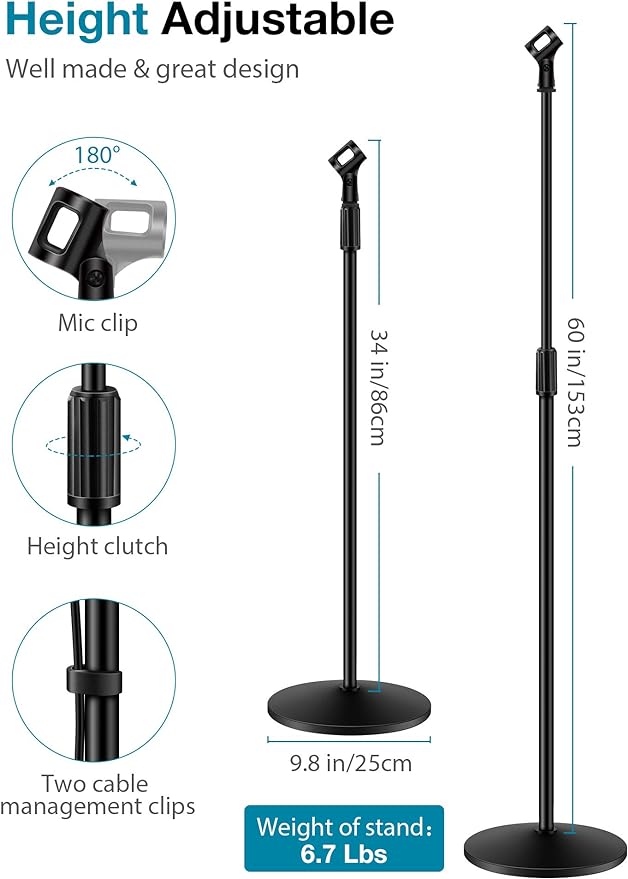 InnoGear Mic Stand, 2 Pack Microphone Stand Floor Detachable Boom Mic Arm Stands with Weighted Base, Height Adjustable from 34" to 60" for Blue Yeti HyperX QuadCast Shure SM58 Samson Q2U Fifine K669B