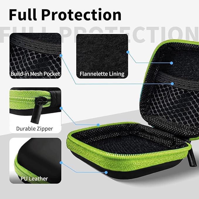 MOLOVA Square Earbud Case Portable EVA Carrying Case Storage Bag Tech Pouch Cell Phone Accessories Organizer with Carabiner for Earphone, Earbud, Earpieces, SD Memory Card, Camera Chips, Green