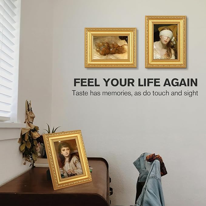 5x7 Gold Picture Frames Set of 2, Ornate Vintage 5 x 7 Photo Frames for Wall Decor or Tabletop Display,5 x 7 Gold Frame with Real Glass, Display 4x6 Pictures with Mat or 5x7 without Mat for Antique Déco