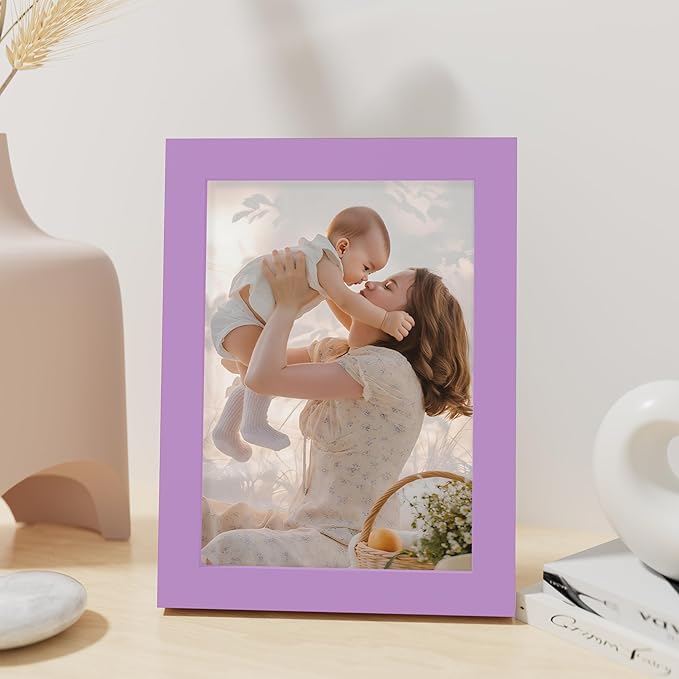 Vittanly 5x7 Picture Frame, Made of Solid Wood and Shatterproof Plexiglass, Wooden Photo Frame for Wall Mounting or Tabletop Display, Picture Frame for Home Decor with Stand, Purple, 1 Pack