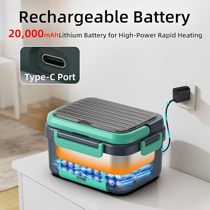 XL 6.3-Cups Cordless Electric Heated Lunch Box for Adults, 20000mAh Rechargeable Battery Powered Smart Self Heating Lunchbox for Men Women, 100W Food Warmer for Trucks Driver Travel Office Worker