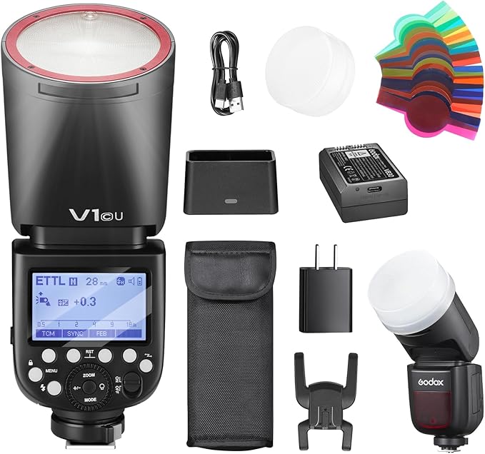 Godox V1C USA V1-C U Round Head Flash for Canon TTL Hot Shoe Flash 2.4G X Wireless HSS 1/8000s 2980mAh Lithium Battery LED Modeling Lamp Shot speedlight with Tri-Color Diffuser for Canon(USA Version)