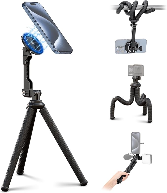 JJC Magnetic Flexible Phone Tripod for iPhone, Bendable Octopus Tripod with 1/4" Screw & Gopro Mount Compatible with iPhone Android Phone Gopro Digital Camera for Video Recording Vlogging