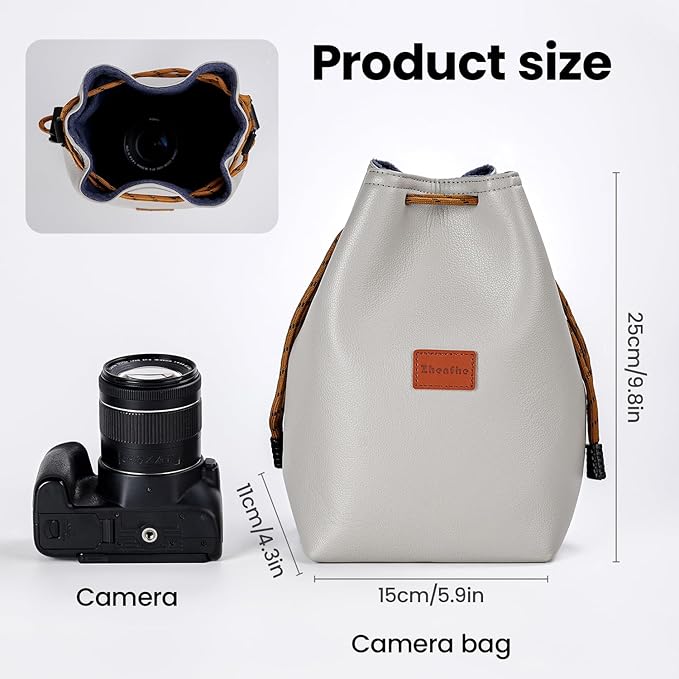 Professional Camera Storage Bag, Light Gray, pu, Drawstring Closure, Shoulder Strap, Padded Interior with Divider, Suitable for cameras of multiple brands