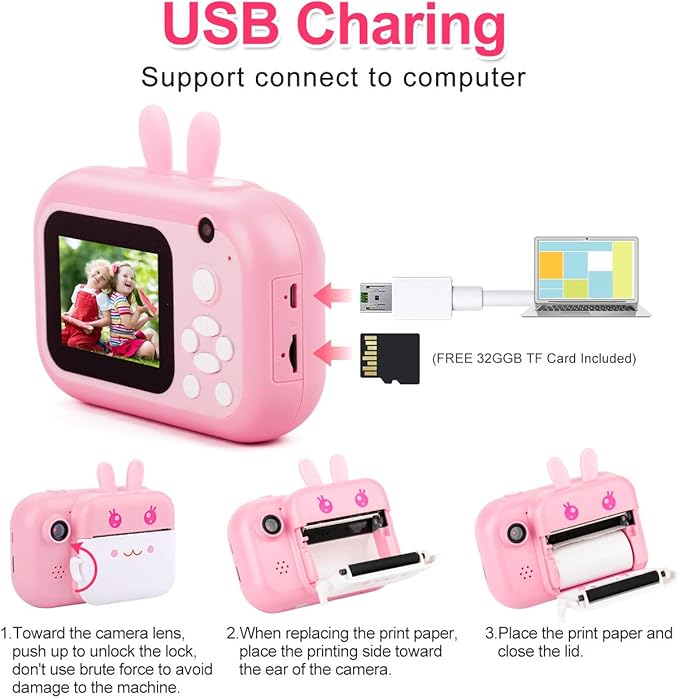 MINIBEAR Kids Camera Instant Print Camera for Kids Digital Camera Toddler Toys Christmas Birthday Gifts for 3 4 5 6 7 8 9 10 Year Old Boys Girls, Pink