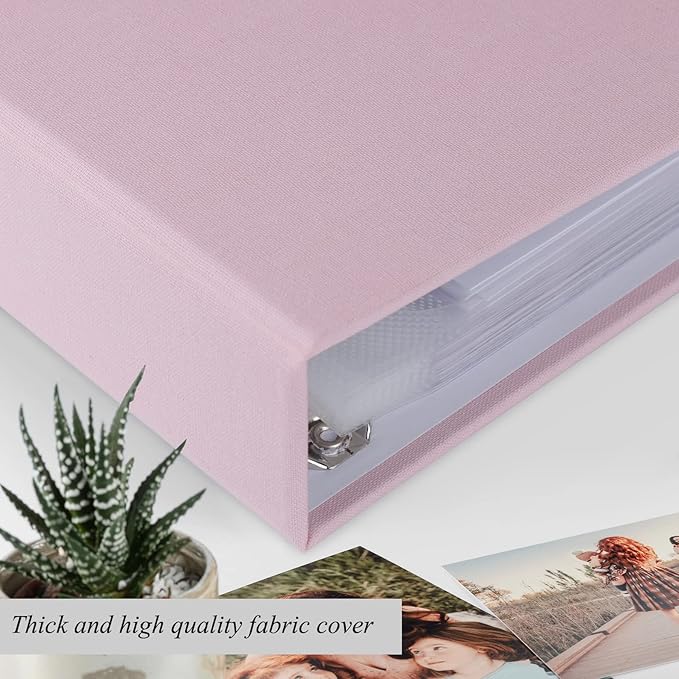 1DOT2 12x12 Inch Large 3 Ring DIY Scrapbook Photo Album Journal with 30 Plastic Sleeves 60 Pages and Fabric Cover for Baby Travel Wedding Couple Anniversary kids Adventure (Pink Cover/White Pages)
