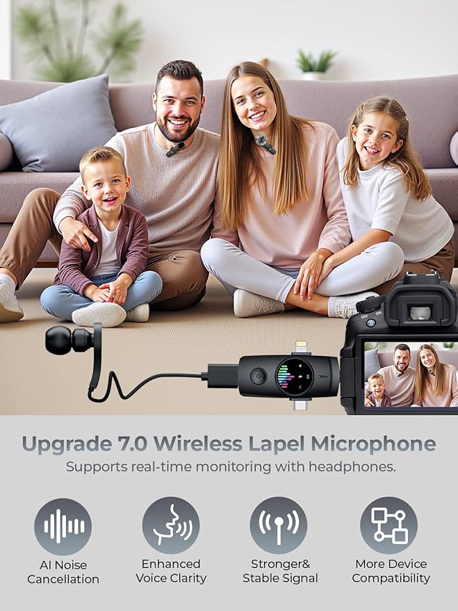 Wireless Lavalier Microphone for iPhone 3-in-1 Mini Mic with 20H Battery & 80ft Range - DSP Noise Cancellation, Smart Modes for Content Creators Live Streaming