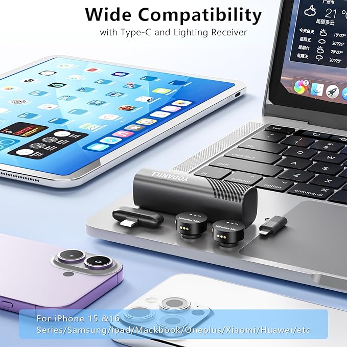 Wireless lavalier Microphone，Mini Microphone AI Noise Cancel Vocal Type-C & Lightning Plug-Play 36H with Sound Modules Charging Case,165ft Clip-on Processors Lapel Mic for All Iphone,Android,Tablet