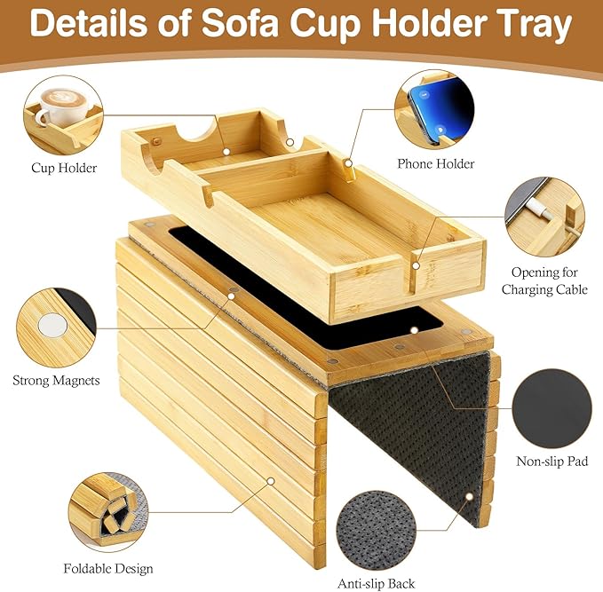 Luxspire Couch Armrest Table, 2-in-1 Magnetic Detachable Sofa Arm Tray with Cup Holder and Phone Holder, Foldable Bamboo Couch Cup Holder for Remote Controls, Phones, Snacks, Cups, Burlywood
