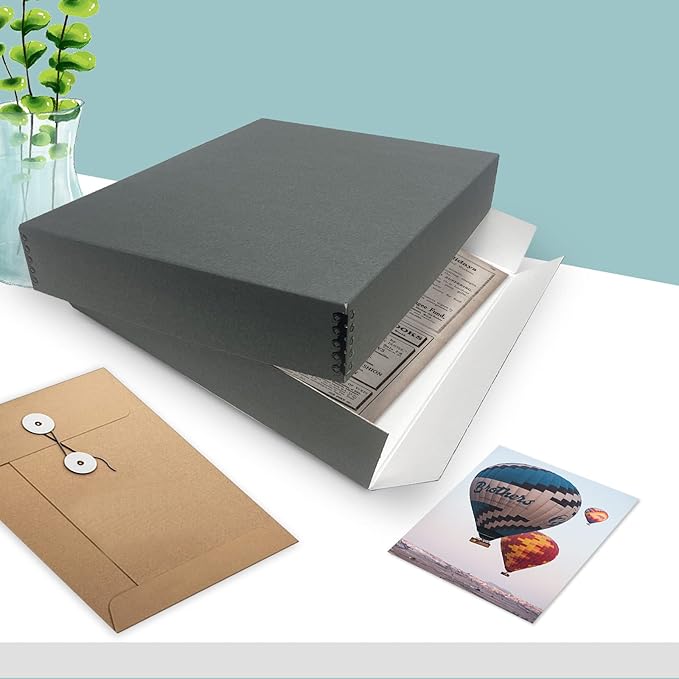 Golden State Art, Archival Storage Box, Acid-Free Drop Front Museum Box with Metal Edge for Storing Artwork Photos Documents Prints Arts And Crafts (Gray-14.75x18.75x3 Inches)