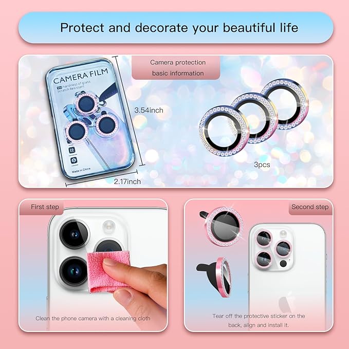 Camera Lens Protector Bling Compatible for iPhone 16 Pro/iPhone 16 Pro Max,9H Tempered Glass Camera Cover Screen Protector,HD Clear,Aluminum Alloy Ring Decoration (Diamond Color)