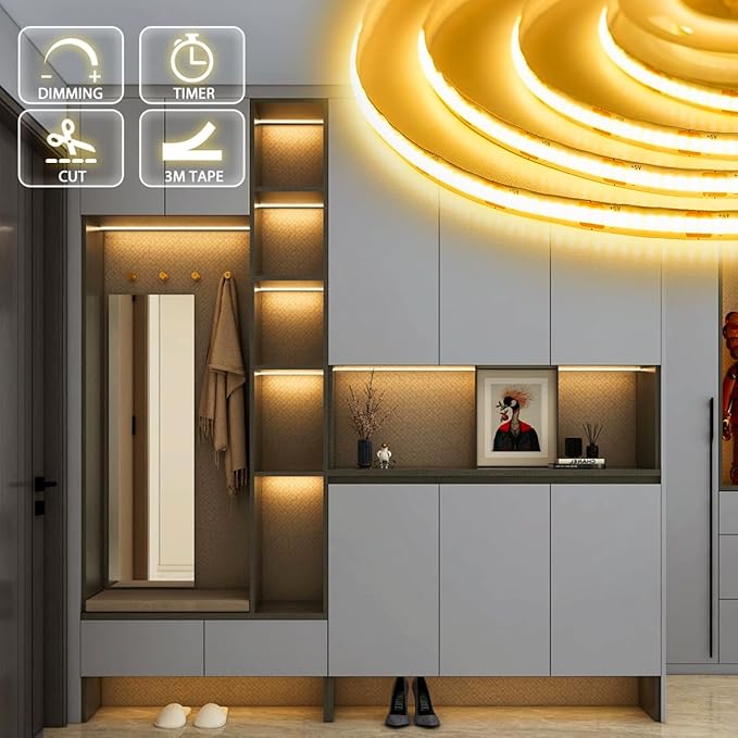 OMIKA COB LED Strip Lights, 6.56FT 2700K Warm White Battery Powered 640LED LED Strip Lights with Remote Control Timer Dimmable Flexible Cuttable Tape Lights for Cabinet Shelves Bedroom