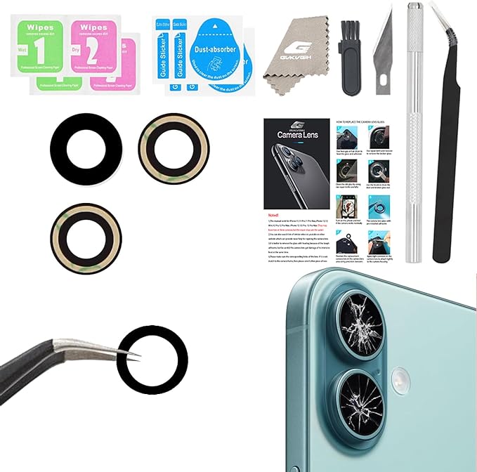 Rear Camera Lens Covers Replacement for iPhone 16 & 16Plus, GVKVGIH Back Camera Len Glass Replacement with Double-Sided Adhesive & Repair Tool Kit for 16/16plus