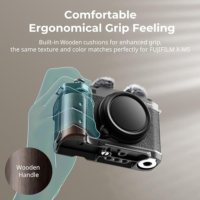 SMALLRIG X-M5 Wooden Handgrip L-Shape Grip for FUJIFILM X-M5, Built-in Quick Release Plate for Arca, Ergonomic Wood Side Handle, Include Windshield with Cold Shoe Adapter,Plate for Arca (Black) - 5260
