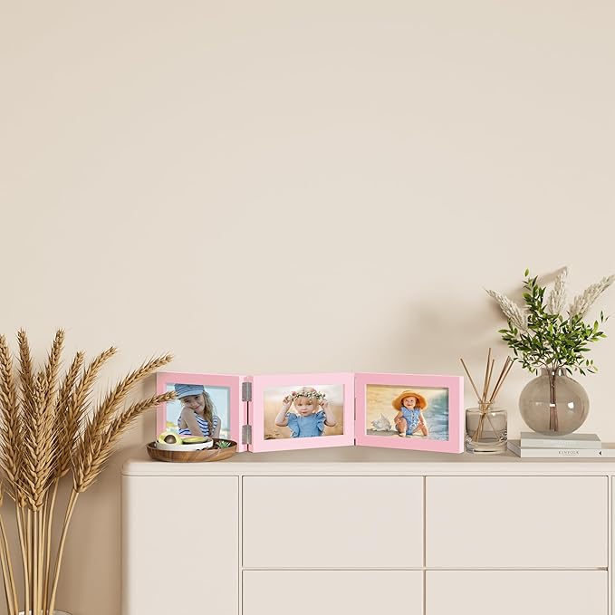 decorUhome Triple 6x4 Picture Frame Horizontal, Engineered Wood Trifold Photo Frame with Plexiglass for Tabletop Display, 6x4, Pink