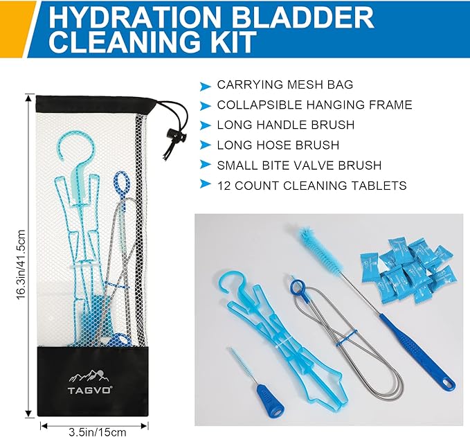 TAGVO Hydration Bladder Cleaning Kit, 6 in 1 Water Bladder Cleaner Set - 3 Brushes, Collapsible Hanger, 12 Cleaning Tablets & Carry Pouch, Water Reservoir Backpack Cleaning Tools
