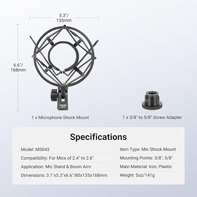 NEEWER Microphone Shock Mount, Mic Holder for Stand & Boom Arm with Elastic Ropes & 3/8" to 5/8" Screw Adapter, Fits Mics of 2.4" to 2.6" (60 to 65mm) Diameter, MS043