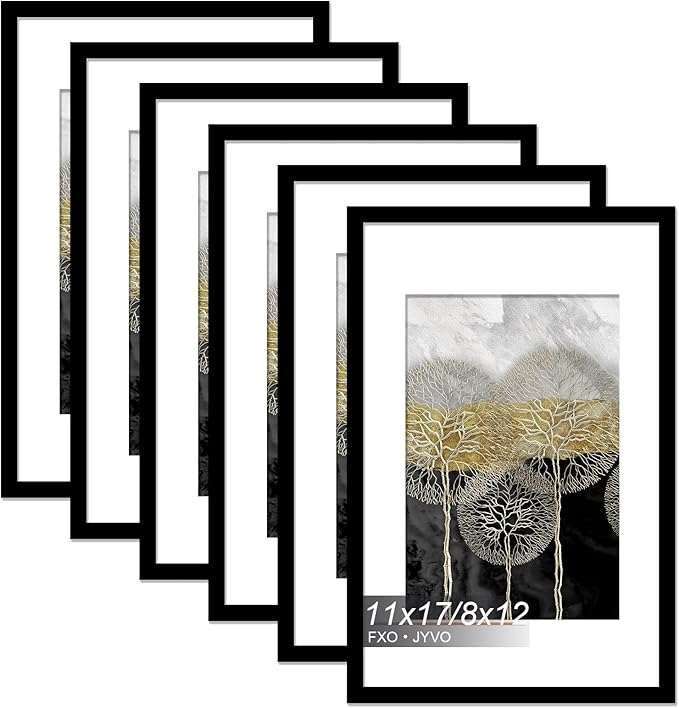 11x17 Picture Frame Set of 6, Display Poster 8x12 with Mat or 11 x 17 Without Mat, Light Weight and High Transparent 11 by 17 Frame for Wall - 6 Pack/Black/11 x17