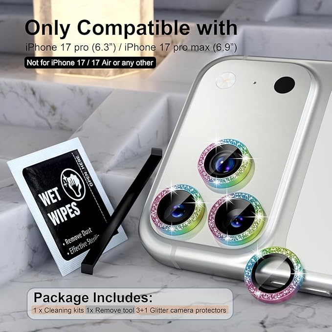 Choiche Compatible for iPhone 17 Pro/iPhone 17 Pro Max Camera Lens Protector Bling, 9H Tempered Glass Camera Cover Screen Protector Metal Ring Decoration Accessories (Glitter-Colorful)