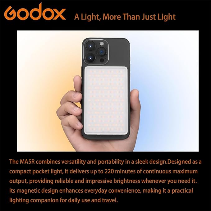 Godox MA5R Full-Color LED Light, Magnetic Selfie Light, CRI95 TLCI97, CCT 1800K–10000K, 14 FX Modes, HSI & GM Adjustment, NFC/Bluetooth Control, 0–100% Dimming, for YouTube/TikTok