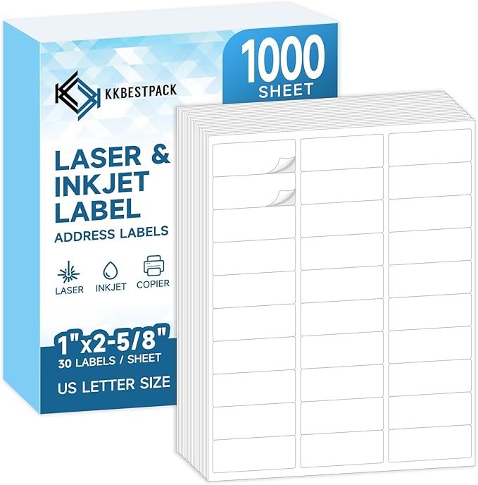KKBESTPACK 30 Up Shipping Address Labels – 1” x 2-5/8” Self-Adhesive Barcode FNSKU Stickers for Inkjet and Laser Printer (1000 Sheets / 30000 Labels)