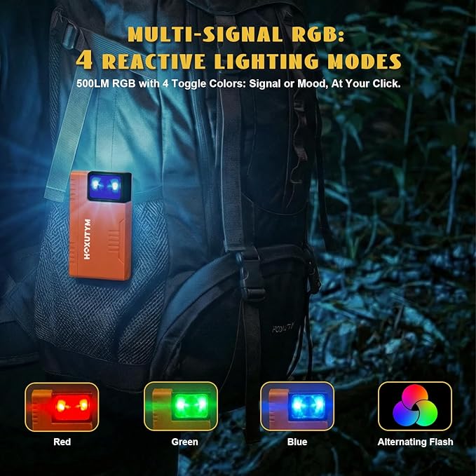 Clip-on LED Rechargeable Flashlights – 500lm EDC Mini Pocket Light, Hands-Free Magnetic Work Light with 180° Rotatable Clip & RGB Emergency Mode for Camping, Hiking, Repairs, Walkies, Orange