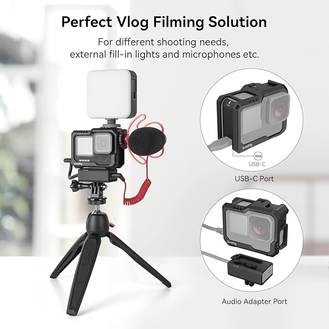 SmallRig Hero 13 / Hero12 / Hero11 / Hero 10 / Hero 9 Black Cage for GoPro, with 2 Cold Shoe Mount for GoPro Light Mod and Common Microphone, Led Video Light - 3083C