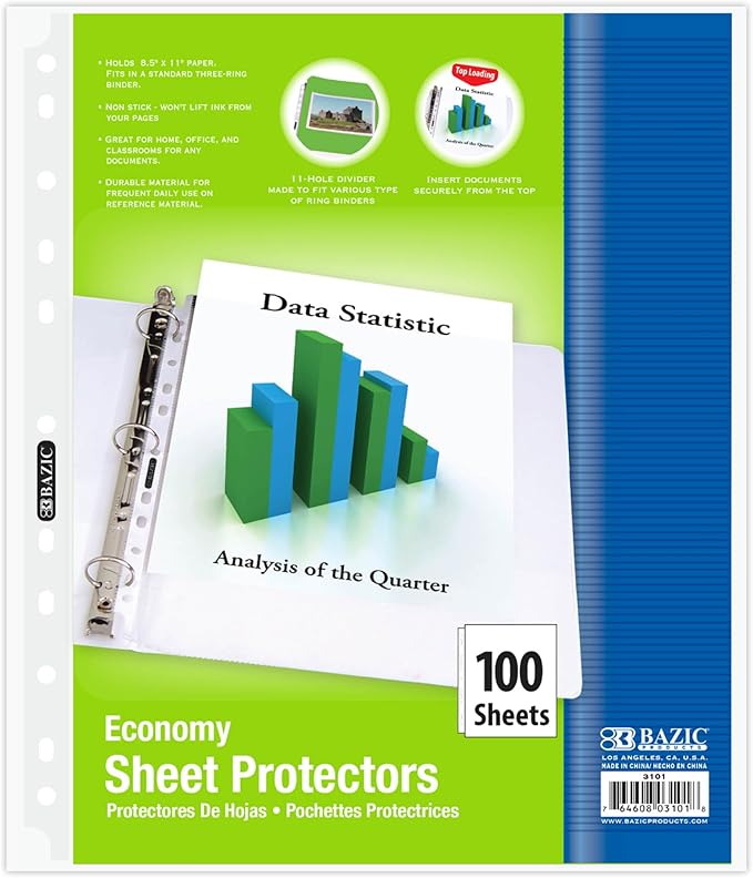 BAZIC Products Sheet Protectors Economy, Fit 8.5x11 Inch Paper, 11 Hole Clear Plastic Sleeves Ring Binder Sheets, Archival Safe (100/Pack), 1-Pack