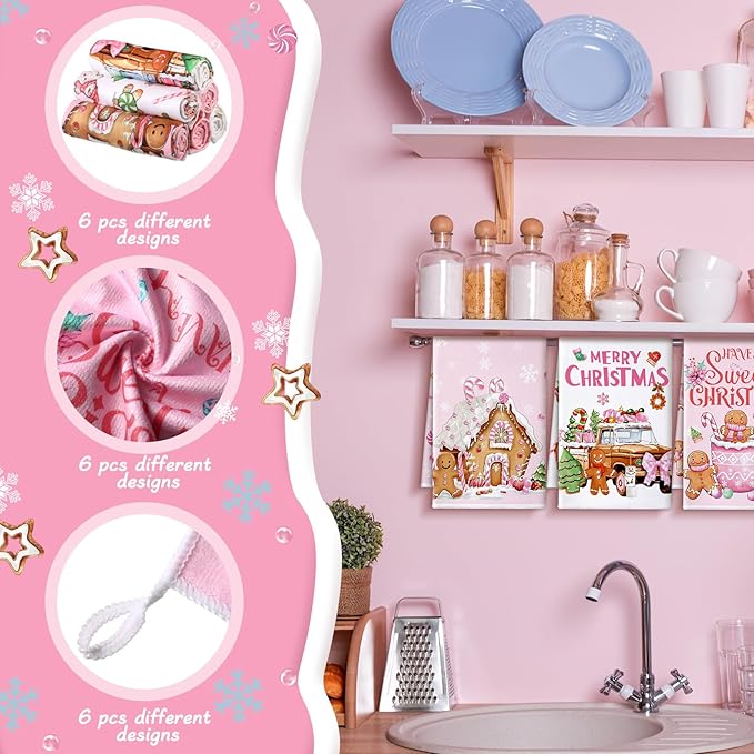 Preboun 6 Pcs Merry Christmas Kitchen Towels Gingerbread Decorative Hand Towels Sweet Cute Pink Dish Cloth Farmhouse Xmas Tea Cloth Kitchen Accessories Bathroom Decor