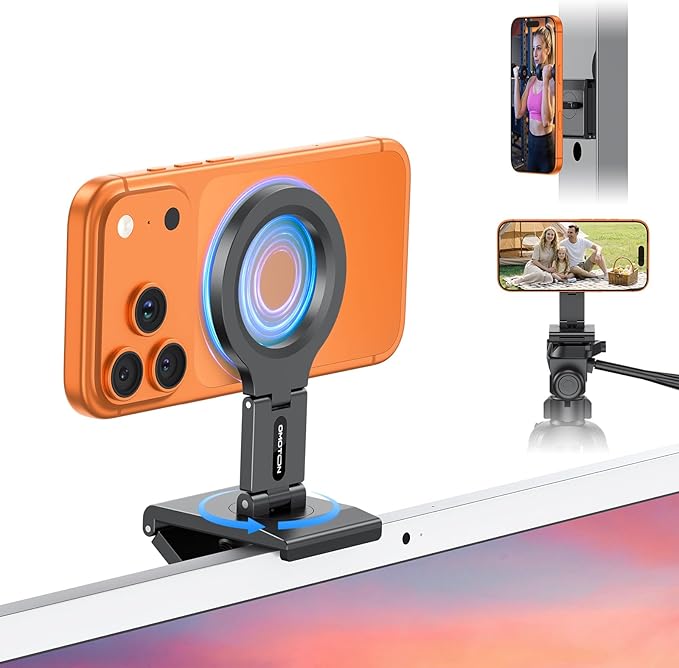 OMOTON VC07 360°Rotating Continuity Camera Mount for iMac Desktop Monitor Mount with 1/4" Screw, Adjustable Magnetic Phone Stand for MagSafe iPhone 17/16 Pro Max Air, Mac, Gym, TV, 4K, Laptop