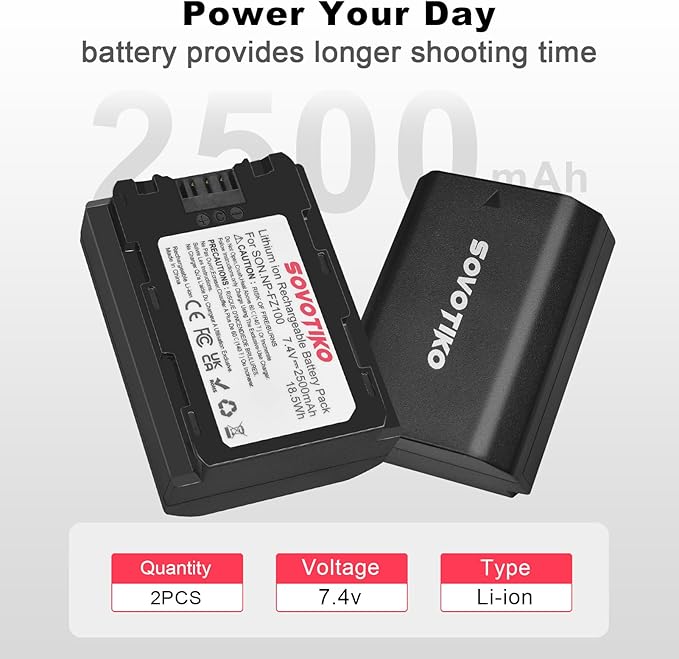 NP-FZ100 2500mAh Battery 2-Pack and Dual Port PD Fast Charger for Sony A7III, A7IV, A7C, ZV-E1, FX3, FX30, A6600, A6700, Alpha 9, Alpha 9S, A7R III, A7R IV, and A7R V Camera