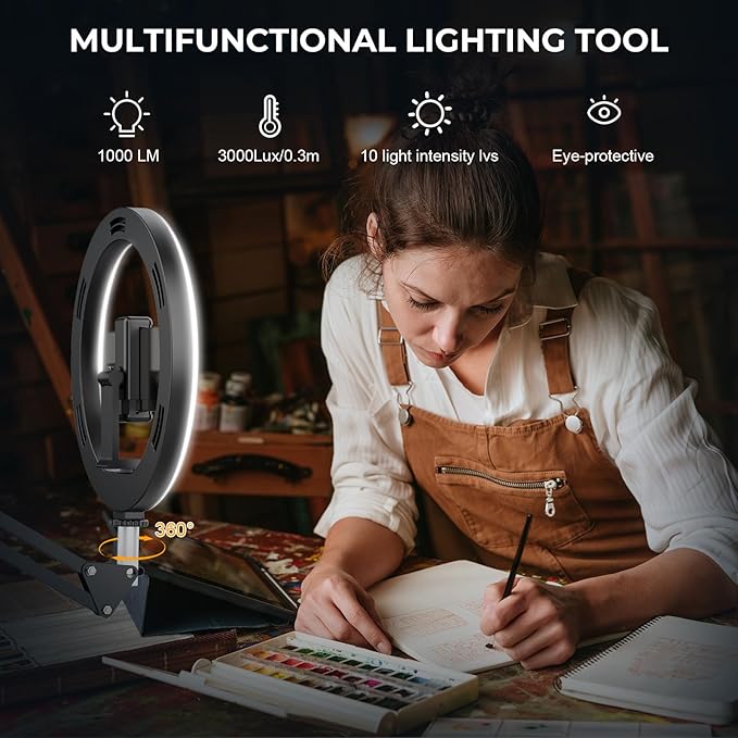 10" Ring Light with Stand Tripod for iPhone, Overhead Phone Camera Mount, Adjustable 70" Height Tripod Holder Floor, Phone Stand for Video Recording Filming Streaming Cooking TikTok YouTube, CRI >95