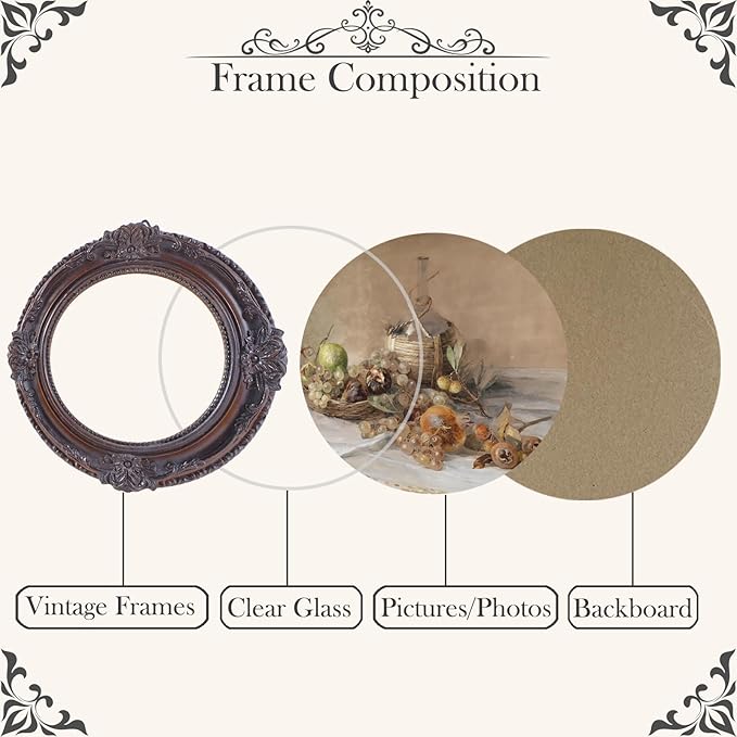 Vintage Picture Frames 3x3 Ornate Distressed Brown Antique Pictue Frames with Real Glass Cover for Wall & Tabletop Display Victorian Home Decor Gallery Wall Decor,Round