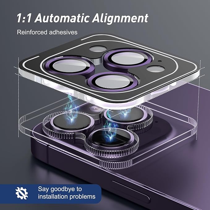 Jeluse Camera Lens Protector for iPhone 17 Pro Max/17 Pro/16 Pro Max/16 Pro/15 Pro Max/15 Pro/14 Pro Max/14 Pro, 9H Tempered Glass Screen Protector Cover Alignment Kit Metal Individual Ring