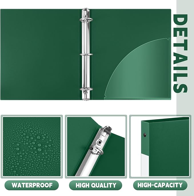 Henoyso 48 Pcs 3 Ring Binder 1/2'' Round Fits Letter Size 8.5'' x 11'' Paper Plastic Flexible Binder Holds 140 Sheets with 1 Pockets Versatile Organizer for Home Office School (Dark Green)