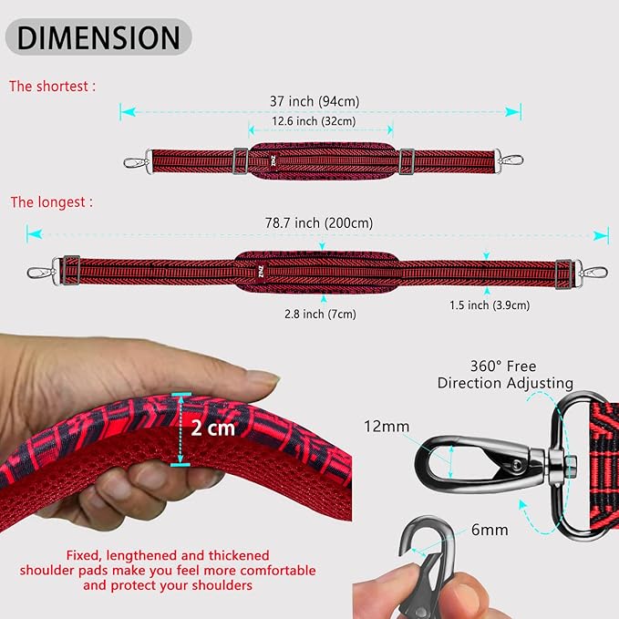 ZINZ 79 inch Shoulder Strap, Extra-thick Fixed Cushion Pad and Dual Clasps Universal Replacement Strap with Metal Swivel Hooks (200cm) (Black&Red Jacquard)