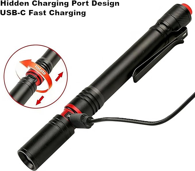 Rechargeable LED Flashlight, Mini, EDC High Lumen Flashlight, Water Resistance, Zoomable, Super Bright Tactical Flash Light, Outdoor, Hunting, Camping, Pen Flashlight for Inspector, Emergency, Home