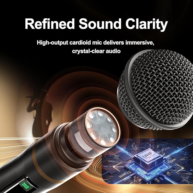 Wireless Professional Microphone System, Cordless Handheld Dynamic Mic, Dual UHF 200-Channel, Metal Microphones 328ft Long Range for Karaoke, Church, DJ, Wedding, Singing