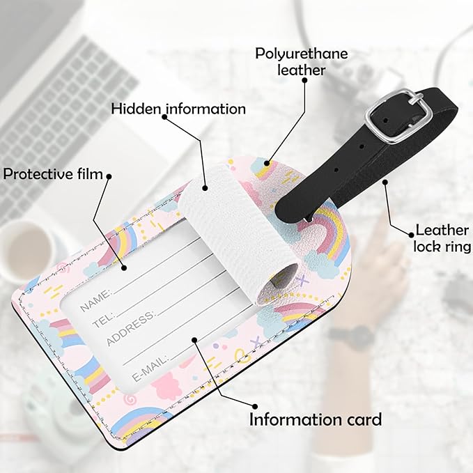 2 Pack Luggage Tag Suitcase Tags PU Leather Identifiers Privacy Cover Luggage Tags Aesthetic Cute Travel Bag Labels for Women Girls Men-Rainbow
