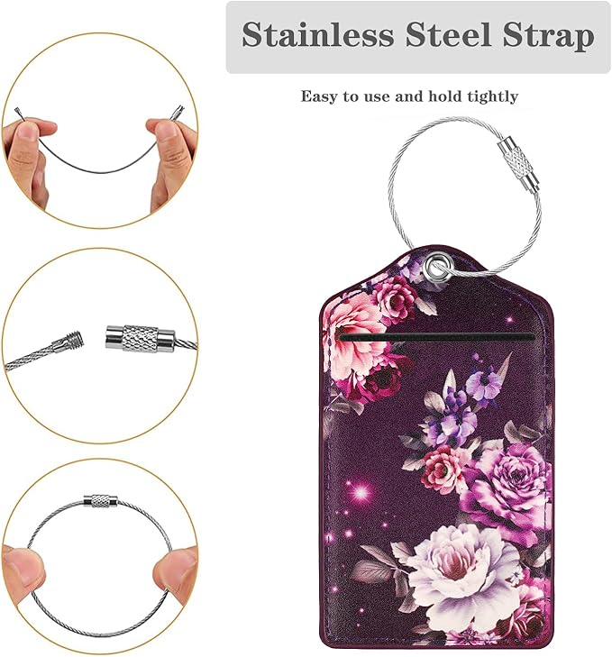 (Set of 2) Luggage Tag Leather Privacy Cover ID Label Address Card with Stainless Steel Loop, Travel Bag Tags Suitcase Labels, Purple Flowers