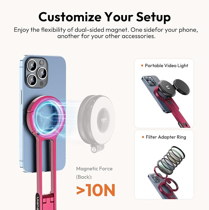 ULANZI MA30 Magnetic Phone Tripod Stand for iPhone - Aluminium Maglock Smartphone Mini Tripod Pocket Cell Phone Stand Strong Magnet Quick Mount Compatible with iPhone 17 16 15 14 13 12 Series, Red