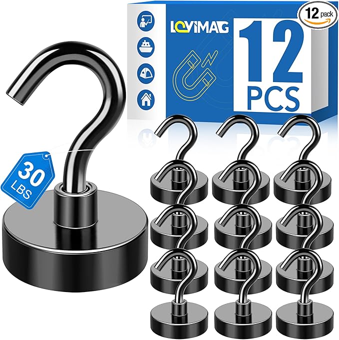 LOVIMAG Magnetic Hooks, 12 Pack 30lbs+ Magnet Hook 2026 Cruise Cabin Ship Essentials Heavy Duty Strong Magnets Refrigerator Fridge Hanging for Classroom Beach Vacation Kitchen Grills (Black)