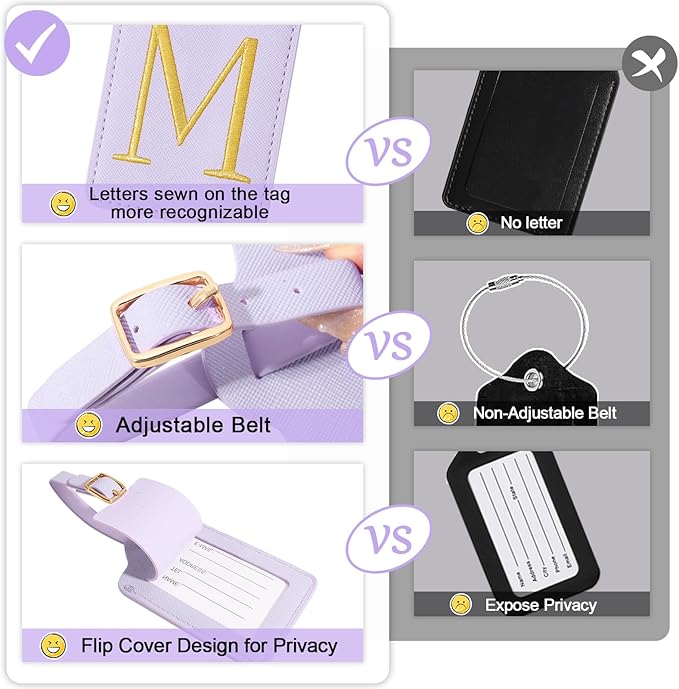 Personalized Initial Luggage Tags for Suitcases, Cute PU Leather Embroidered Letter Travel Luggage Tags, Suitcase Identifier Name Baggage Tag, Bag Tags for Men Women Kids Luggage Handbags(Purple M)