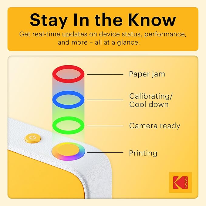 Kodak Printomatic+ Instant Print Digital Camera (Yellow) 10MP Portable Camera with Interactive RGB LED Status Indicator, Prints Full-Color Photos on Zink 2x3” Sticky-Backed Photo Paper - Easy & Fun