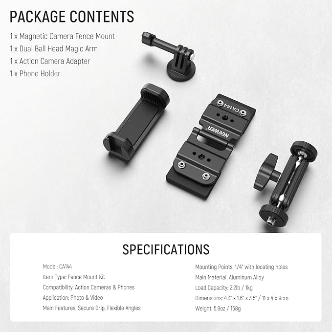 NEEWER Magnetic Fence Mount Compatible with Mevo Start Pocket Radar GoPro Insta360 DJI, Dual Mounting Kit Compatible with Gamechanger App for Baseball Live Streaming, Metal Camera Post Mount, CA144