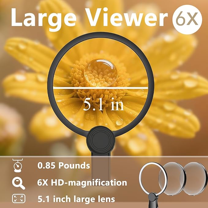 6X Hands-Free Magnifying Glass with Light, Rechargeable Neck Magnifier 24 LED for Reading, Crafts, Cross Stitch - Adjustable Brightness for Low Vision Seniors & Close Work