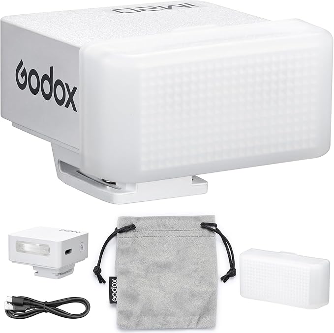 Godox IM20 Mini Flash with Diffuser for Canon, Nikon, Sony, Fuji, Olympus Single-Contact Hotshoe Cameras – Built-in USB-C Charging Battery, 230 Flashes, 5-Level Power Adjustment, White