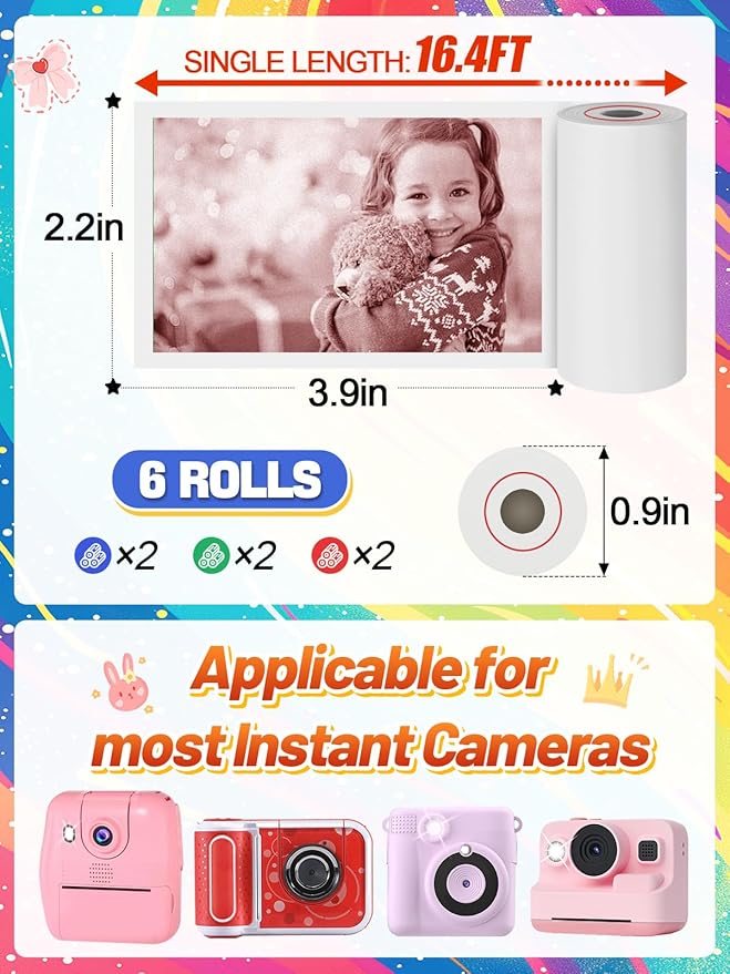 6 Rolls 3-color Kids Camera Paper Roll Refill - Color-Developing Red Green Blue, Thermal Instant Camera Photo Printer for 4 5 6 7 8 9 10 Year Old Girls Boys Birthday Gifts